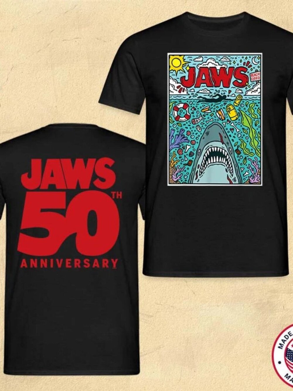 Jaws 50 Years of Terror – Official Anniversary T Shirt